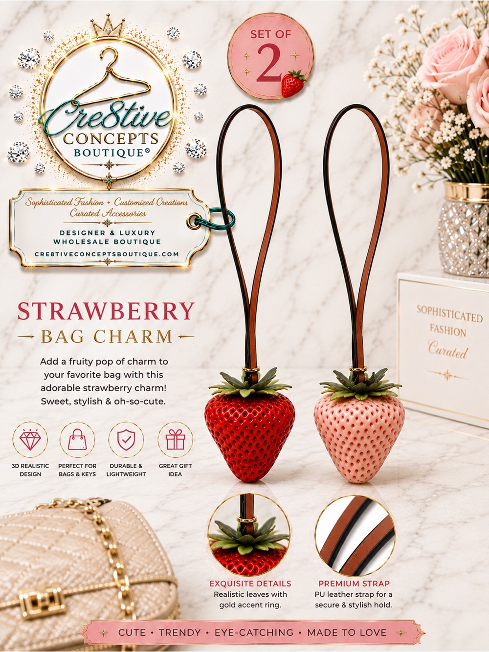 3D Strawberry Bag Charm Set of 2 Luxury Purse Charm Keychain Accessories NWT - Picture 3 of 3